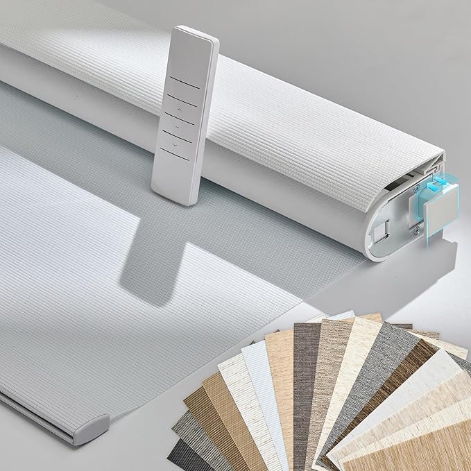 Persilux Smart Motorized Blinds with Remote, No Drill Automatic Roller Shades for Indoor Windows, Blackout Linen Fabric, Electric Blinds for Windows, Weave Swan C162BO-1, Custom Size