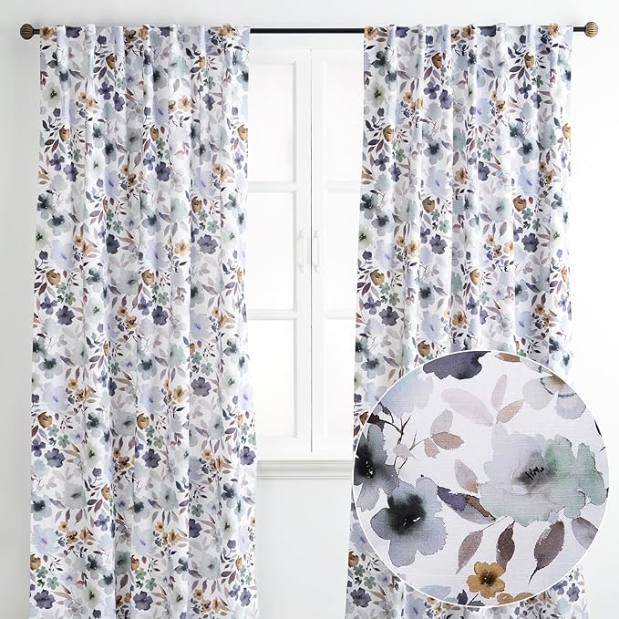 Maison d' Hermine Curtains for Living Room 100% Cotton 124 inch Length Two Panels Light Filtering Curtains for Bedroom Windows with Rod and Loop Pockets Drapes (Blossom Flora, 50" W x 124" L)