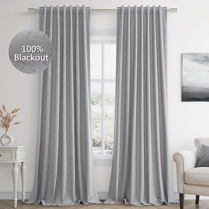 Guken Grey Linen Blackout Curtains 84 Inch Length 2 Panels Set for Living Room Bedroom Back Tab Thermal Insulated 100% Black Out Linen Drapes Room Darkening Window Curtains 84 Inches Long