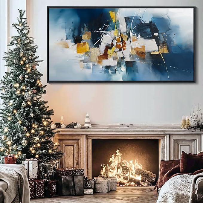 Abstract Canvas Wall Art Navy Blue Wall Art for Living Room Framed Modern Artwork for Walls, Above Bed Wall Decor Navy and Gold for Bedroom and Living Room Office Pictures Wall Decor 24×48IN