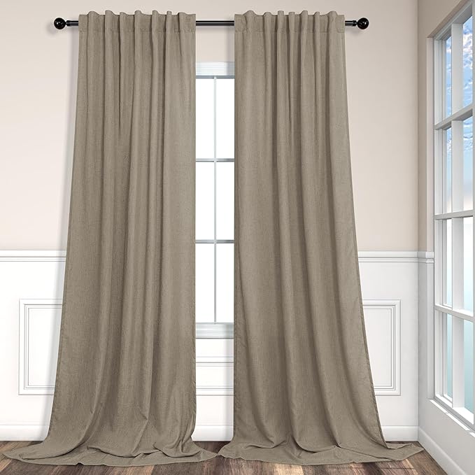 Extra Long Curtains 2 Panels Set Dark Taupe Linen Curtains 108 inches Long for Living Room Back Tab Extra Wide Curtain Neutral Farmhouse Semi Sheer Linen Drape Ceiling to Floor Length for Large Window