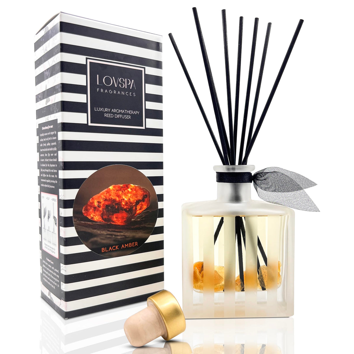 LOVSPA Reed Diffuser Set, Black Amber Scented Oil Diffuser with Sticks, Home Fragrance Accessories for Bathroom Shelf Decor, Aroma Diffusers for Home or Office Fall Decor, USA Made
