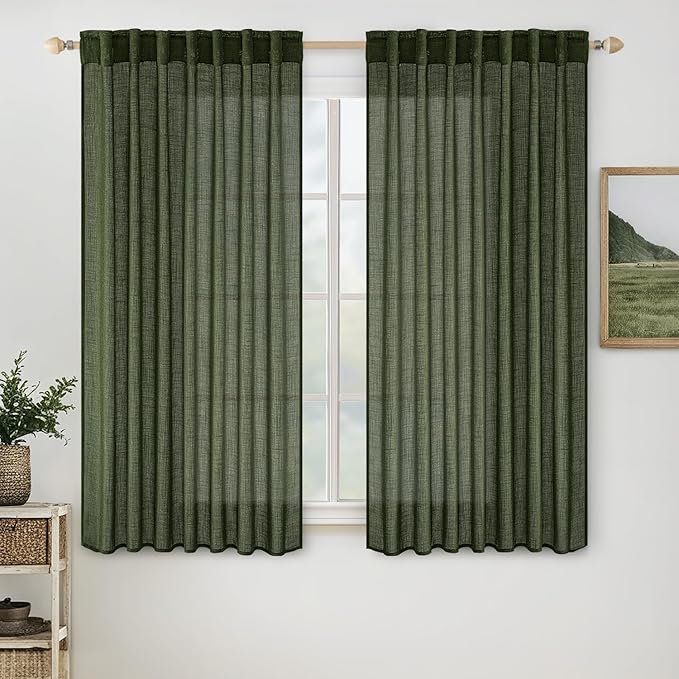 MIULEE Olive Green Linen Curtains 63 Inch Length 2 Panels for Bedroom Living Room, Soft Thick Linen Textured Kitchen Window Drapes Semi Sheer Light Filtering Back Tab Rod Pocket Burlap Look Decor
