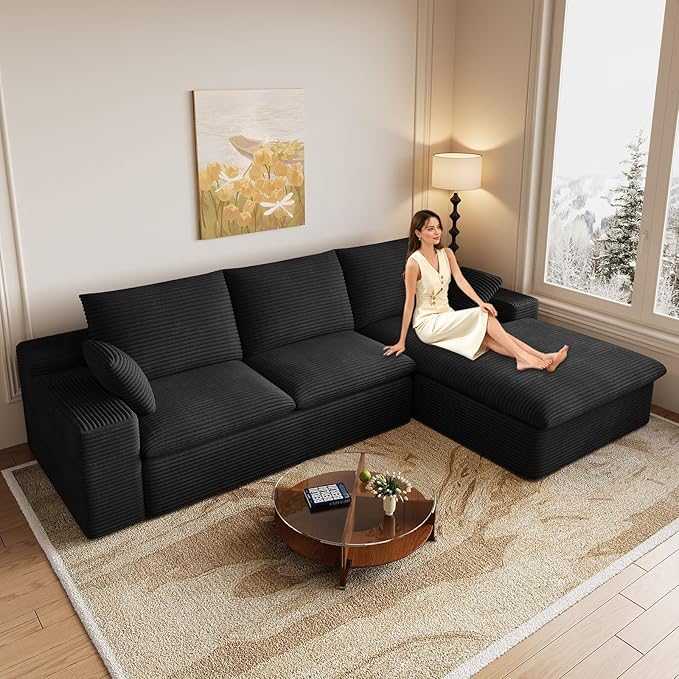 107" Cloud Couch Modular Sectional Sofa for Living Room, L-Shape Boneless Couch with Deep Seat, Modern Corduroy 3-Seater, No Assembly Required (Black,Right-Facing Chaise)