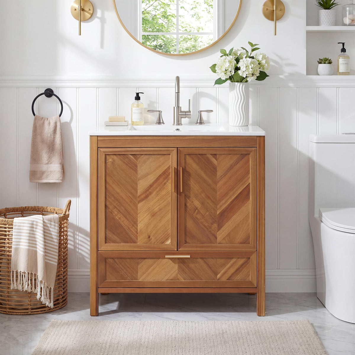 Noeko 30 Inch Bathroom Vanity with Sink Freestanding Herringbone Cabinet