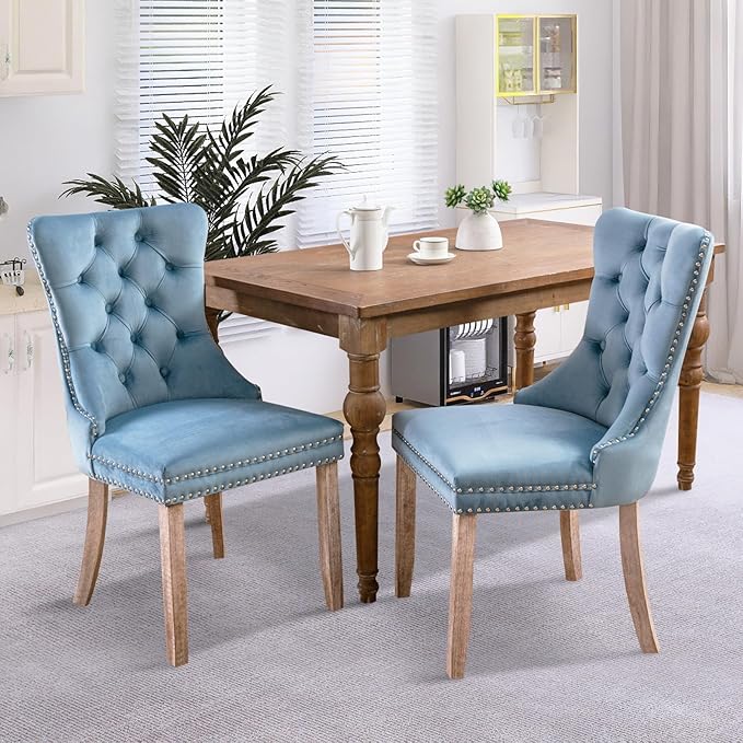 SoarFlash Velvet Dining Chairs Set of 2, Tall Back Side Chair, Modern Upholstered High-end Tufted Side Chair with Button Back Ring, Solid Wood Legs Sky-Blue