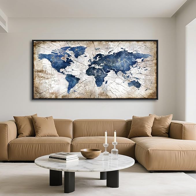 World Map Canvas Wall Art Navy World Maps for Wall Vintage Modern Wall Art for Office Framed Pictures for Living Room Bedroom Wall Decoration for Home Office Decor Artwork for Walls 24x48IN