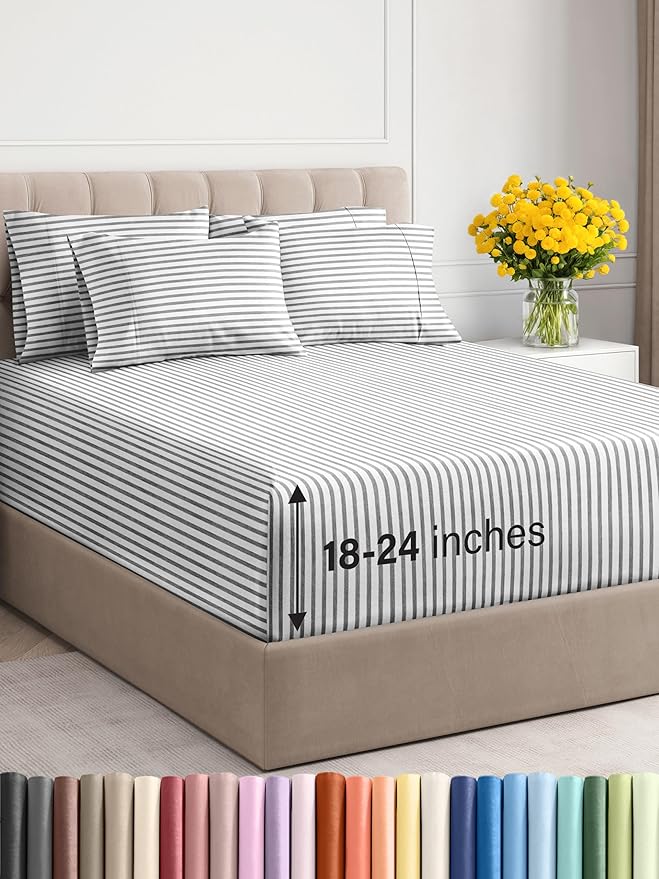 Extra Deep Full Sheet Set - 6 Piece Breathable and Cooling Sheets - Hotel Luxury Bed Sheets Set - Easy Fit - Soft, Wrinkle Free and Comfy Sheets Set - Grey Striped Sheet Set with Extra Deep Pockets