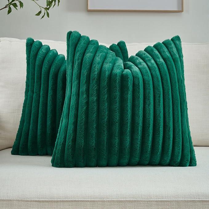 FUTEI Christmas Emerald Green Throw Pillow Covers Set of 2, 26x26 Inch Striped Texture Euro Pillow Shams with Soft Faux Rabbit Fur Front & Velvet Back, Modern Decorative Couch Pillows for Living Room