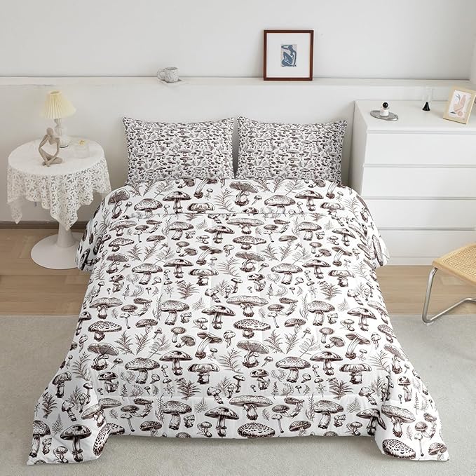Manfei Mushroom Kids Comforter Set Twin Size,Hand Drawn Sketch Bedding Set,Boys Girls Room Decor,Botanical Plants Weed Flowers Rustic Down Comforter,Brown White Boho Retro Duvet Insert,1 Pillowcase