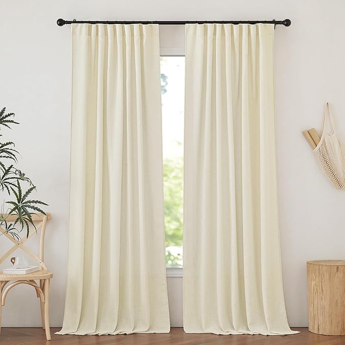 NICETOWN Linen Curtains 84 inch Long for Living Room?Rod Pocket/Back Tab Semi Sheer Curtains Flax Linen Blend Privacy Added with Light Filtering Drapes for Farmhouse, Butter, 1 Pair, 52" W x 84" L