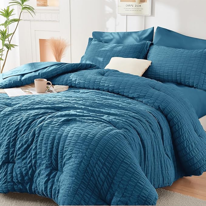 HYMOKEGE Teal Queen Comforter Set Seersucker 7 Pieces, All Season Luxury Bed in a Bag for Bedroom, Bedding Set with Comforters, Sheets, Pillowcases & Shams