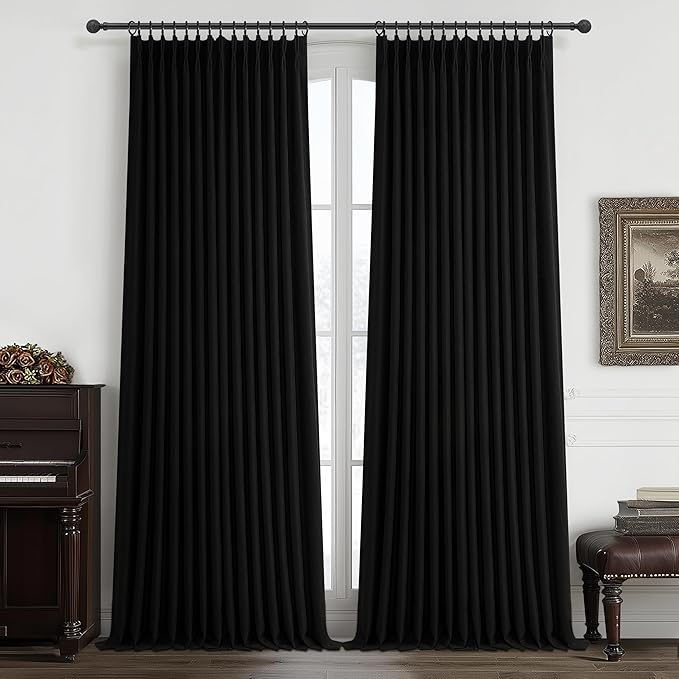 Memory Trained Pinch Pleated Black Out Curtains & Drapes 96 Inches Long 2 Panels for Living Room, Luxury Room Darkening 2 Layer Heavy Linen 40x96 Inch Curtain Sound Dampening for Bedroom Windows Decor