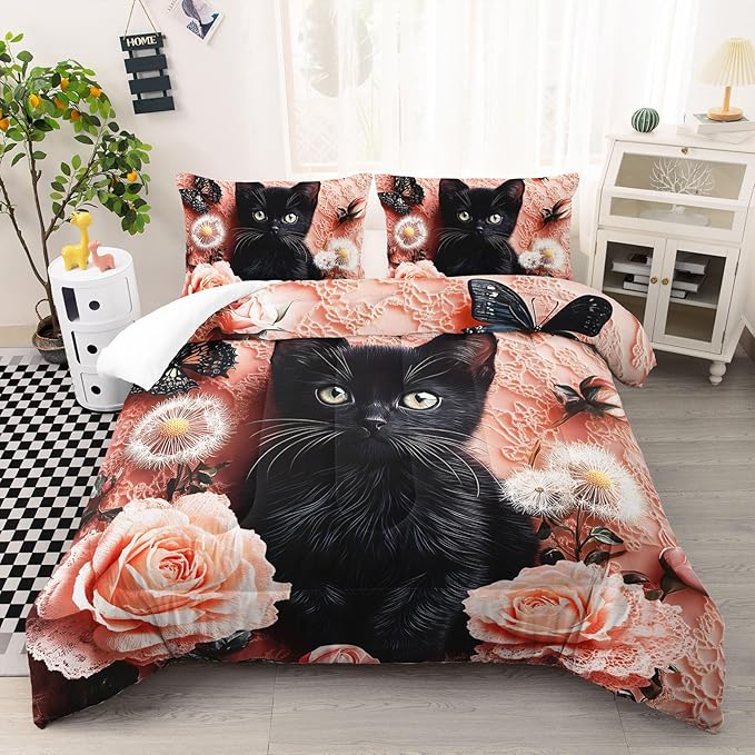 AILONEN Kids Cute Black Kitten Print Bedding Sets for Room Decor Queen Size,Pink Flowers Butterfly Comforter Set for Kids Girls,Kawaii Animal Duvet Set,3-Piece, 1 Quilt and 2 Pillowcases,Soft