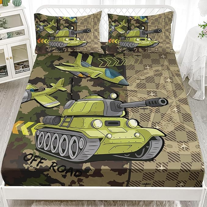 AILONEN Army Tank Helicopter Bed Sheet Full Size Camo Sheet Bedroom Decoration Gift for Kids Boys Bedding 3 Pieces Set,Soft Breathable Fitted Sheet and 2 Pillowcases