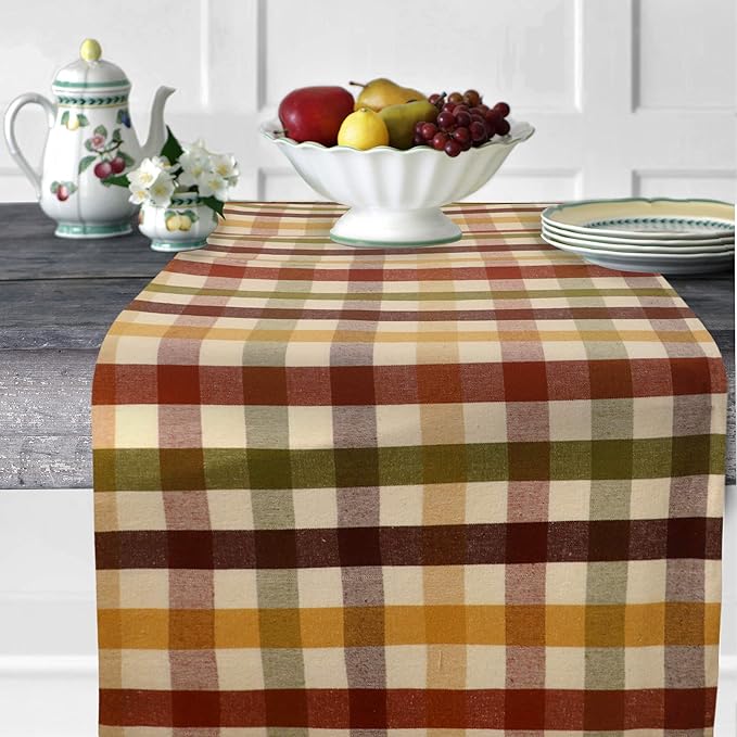 Urban Villa Fall Table Runner Harvest Checks 14''x72” 100% Cotton Over Sized Runner Heavier Quality Ideal Thanks Giving Dining Wedding Dinner Parties Everyday Use