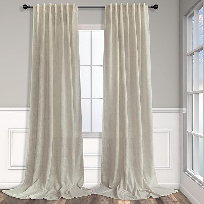 Pitalk Flax Linen Sheer Curtains 68 Inch Length 2 Panel Set for Living Room Back Tab Pocket Pleated Farmhouse Coastal Decor Cotton Textured Gauze Curtain for Dining Room Home Office French Door Beige