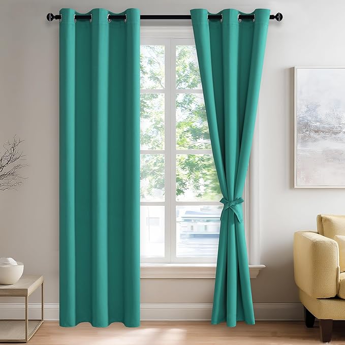 JIUZHEN Peacock Blue Blackout Curtains with Tiebacks Thermal Insulated, Light Blocking and Noise Reducing Grommet Curtains for and Living Room, Set of 2 Window Curtain Panels, 42 x 84 Inch Length