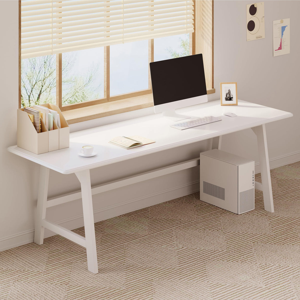 IOTXY Solid Wood Writing Table - 72" W Minimalist Long Computer Desk, White