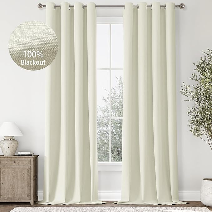 ChrisDowa 100% Blackout Iovry Solid Curtains 102 Inches Long 2 Panels for Bedroom Living Room,Farmhouse Room Darkening Thermal Insulated Soundproof Grommet Top Window Treatment Drapes,52x102