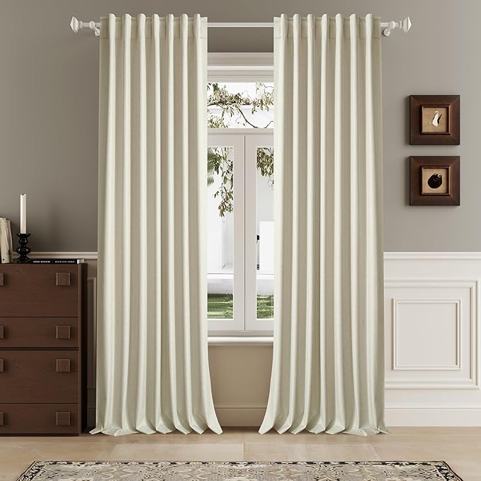96 Inch Long Blackout Curtains - Extra Wide Thermal Insulated Sun Block Out Bedroom Linen Curtains 8 ft Window Covering Back Tab Rod Pocket Drapes for Hall Living Room W84 x L96,2 Pcs, Cream Beige