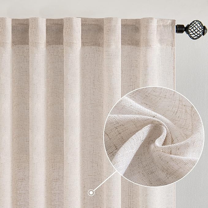 MIULEE Natural White Linen Curtains 102 Inch Length 2 Panels for Bedroom Living Room, Soft Thick Linen Textured Window Drapes Semi Sheer Light Filtering Back Tab Rod Pocket Burlap Look Decor