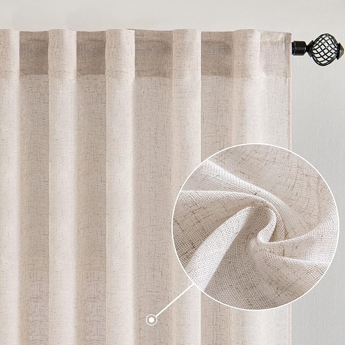 MIULEE Natural White Linen Curtains 86 Inch Long for Bedroom Living Room, Soft Thick Linen Textured Window Drapes Semi Sheer Light Filtering Rod Pocket Back Tab Neutral Farmhouse Cream Ivory 2 Panels