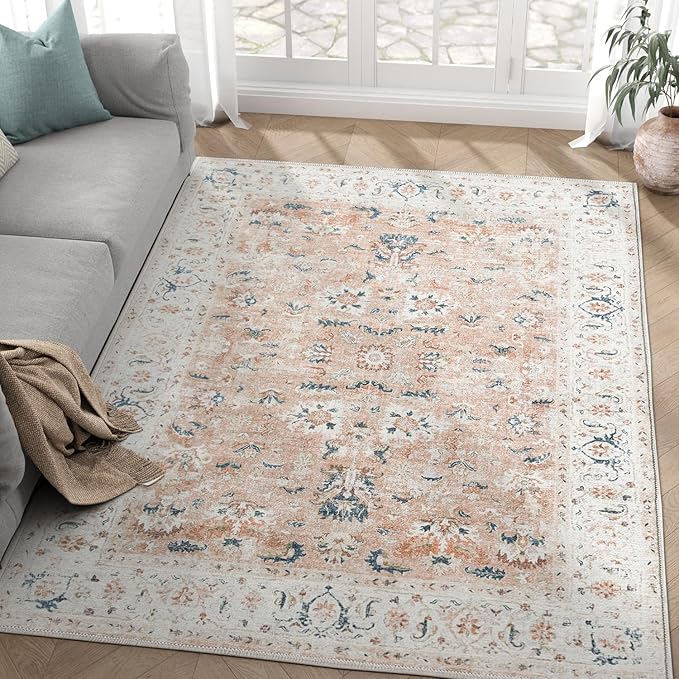 jinchan Area Rug 5x7 Living Room Rug - Washable Vintage Boho Floral Print Floor Cover Lightweight Low Pile Thin Non-Slip Retro Distressed Carpet for Bedroom Dining Room Kitchen Office Pink Blush