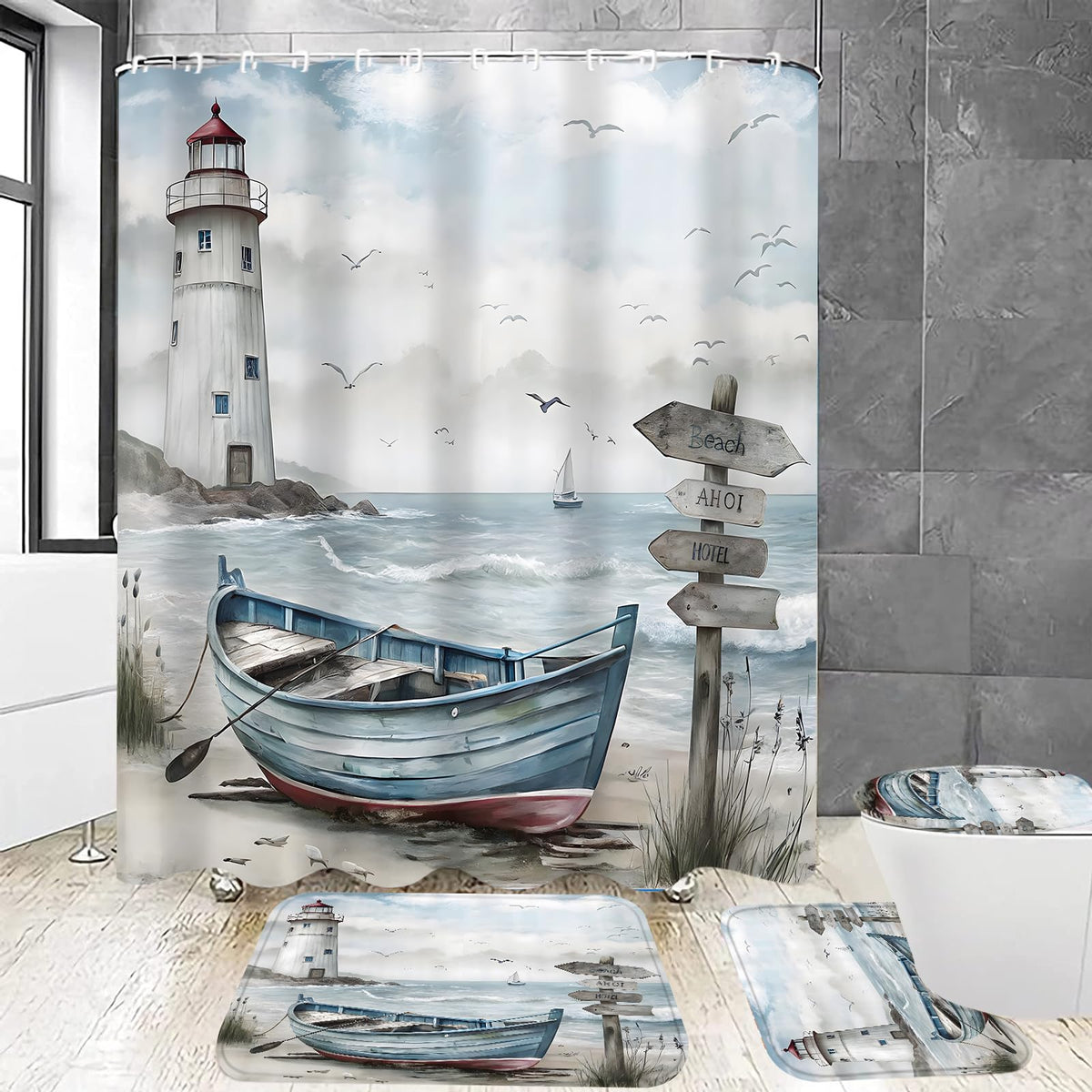 Chrainy 4pcs Nautical Boat Shower Curtain Set with Rugs Blue Bath Decor