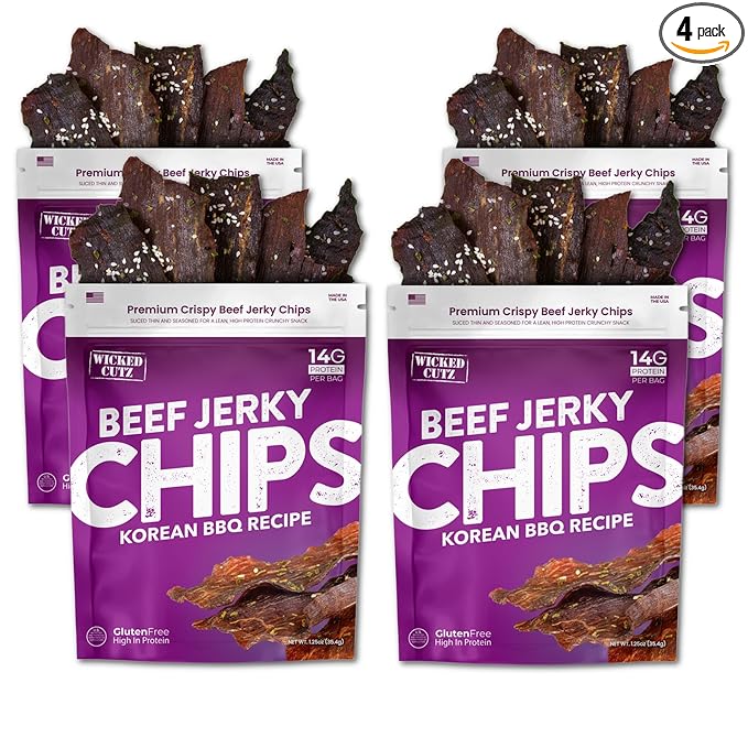 Wicked Cutz Korean BBQ Beef Jerky Chips, 14g Protein per Bag, Crispy & Crunchy Beef Jerky Crisps, USA Made Barbeque Flavored Chips, High Protein Carnivore Snacks (4 Bags)