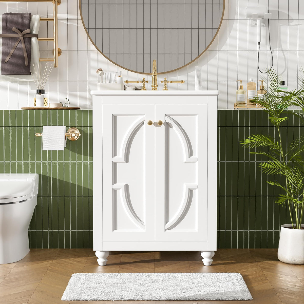 24 Inch Bathroom Vanity with Sink & Countertop,Vintage Single Sink Vanity with Soft-Close Doors & Oval Carving,Freestanding Bathroom Cabinet with Adjustable Shelf & 4 Retro Solid Wood Legs,White