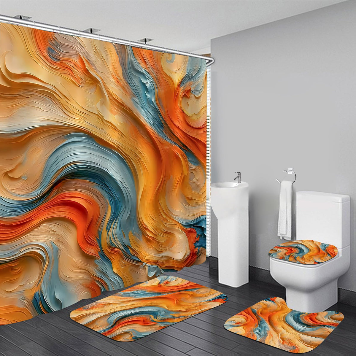 AZHM 4pcs Orange Art Shower Curtain Set for Bathroom with Rugs