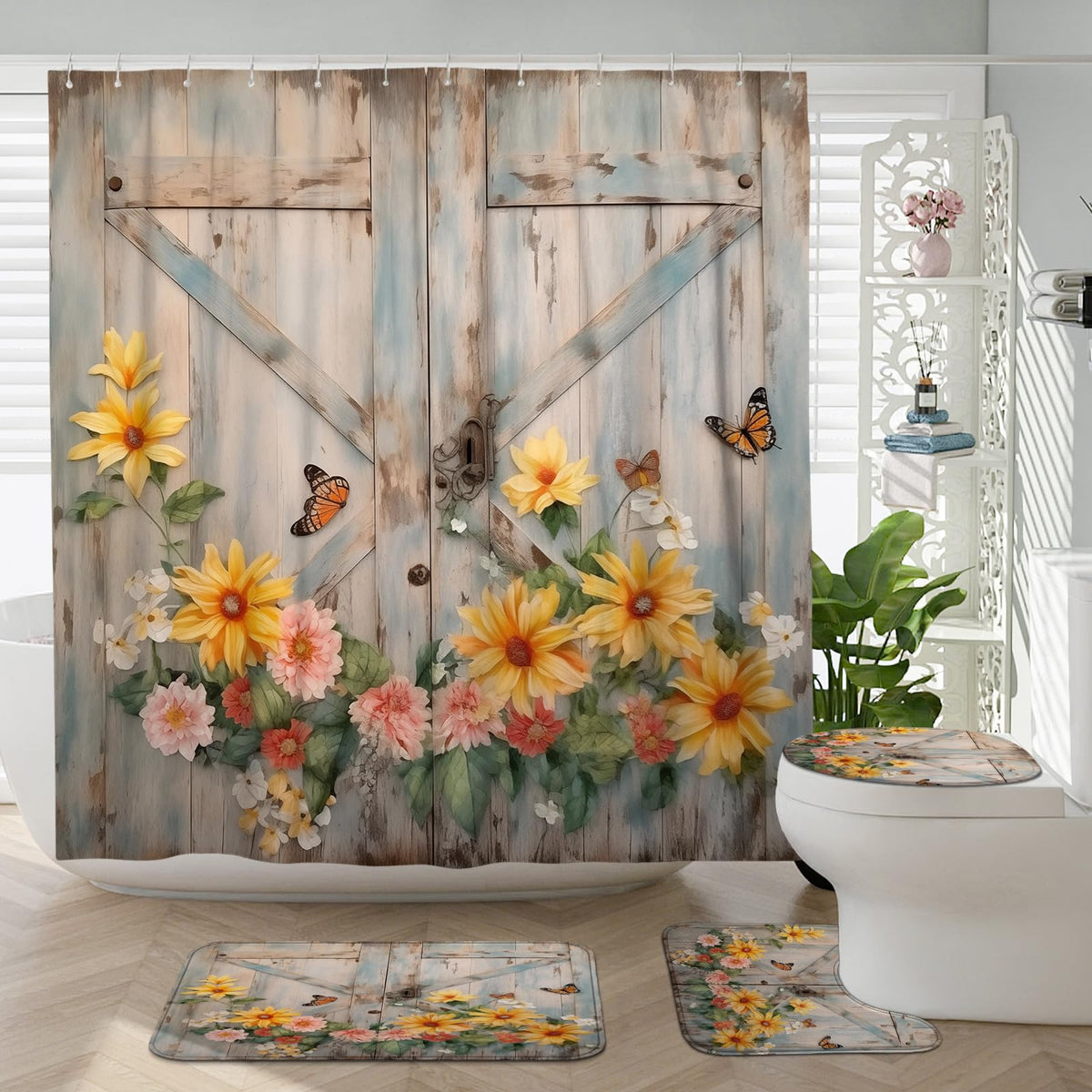 Witzest 4Pcs Rustic Barn Sunflower Shower Curtain Sets with Non-Slip Rug, U Shape and Toilet Lid Cover Mat, Farmhouse Home Bathroom Decor Set Accessories with 12 Hooks, 72 x 72 Inch