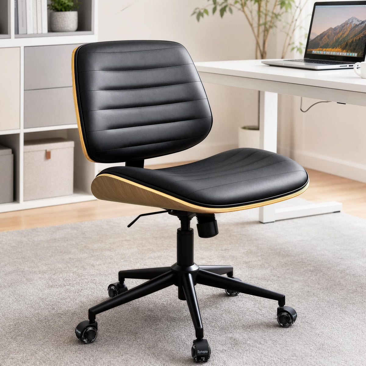 Sytopia Small Desk Chair for Home Office, Adjustable Height Swivel Armless Office Chair No Arms, Mid Century Modern Chair with Wheels, Walnut Wooden Sturdy, Easy Assembly, Vintage Black Leather