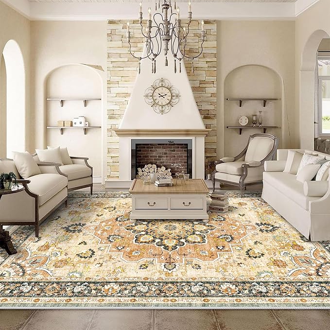 Washable Oriental Area Rug - 9x12 Rugs for Living Room Soft Carpet for Bedroom Waterproof Floral Distressed Indoor Stain Resistant Non-Shedding Floor Carpets (Orange, 9x12)