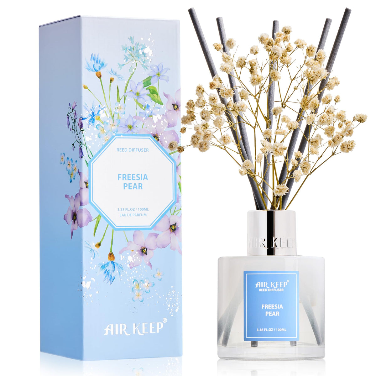 Airkeep Reed Diffuser Set,3.38 fl oz (100 ml) - Freesia Pear Oil Diffusers with 8 Reed Sticks, Home Fragrance Reed Diffuser for Bathroom Shelf Decor