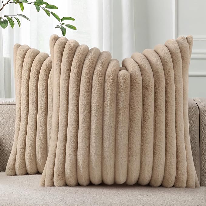 Pallene Faux Fur Plush Throw Pillow Covers 22x22 Set of 2, Luxury Soft Fluffy Striped Decorative Pillow Covers for Sofa, Couch, Living Room, Khaki