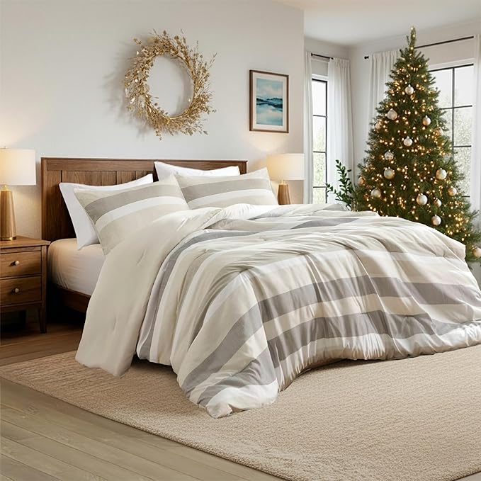 Queen Comforter Set, 3 Pieces Striped Bed Set, Soft Brushed Microfiber Reversible Bedding Set for All Season, Lightweight & Breathable Bedding Set with Comforter & Shams, Neutral