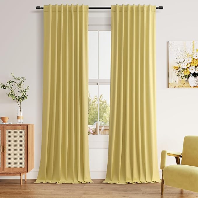 Guken Yellow Blackout Curtains 96 Inch Length 2 Panels Set for Living Room Bedroom Back Tab Thermal Insulated 100% Black Out Linen Drapes Room Darkening Window Curtains 96 Inches Long