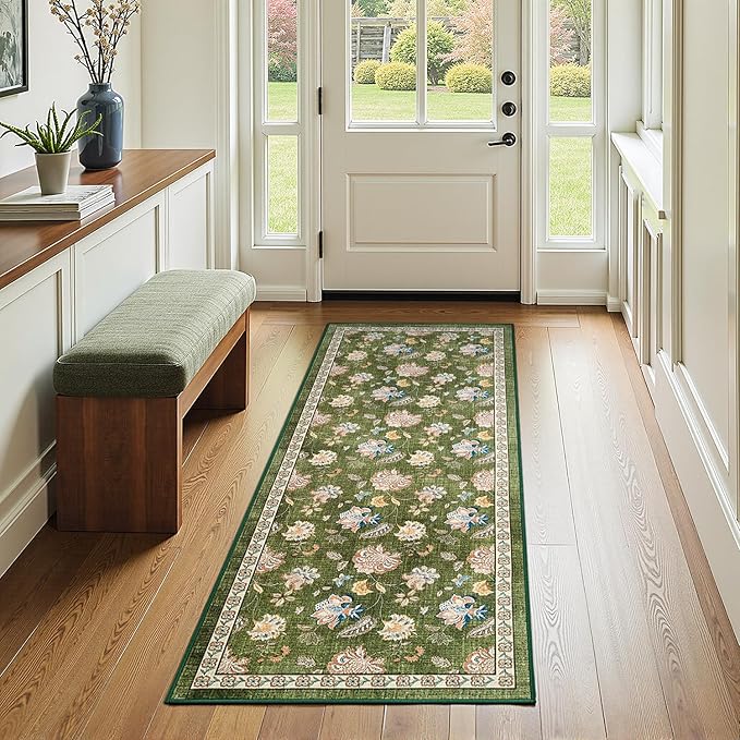 jinchan Elora 2x5 Floral Runner Rug for Hallway Washable Runner Vintage Romance Christmas Design Non Slip Thin Indoor Floor Cover Low-Profile Throw Carpet for Entryway Bathroom Bedroom Porch, Green