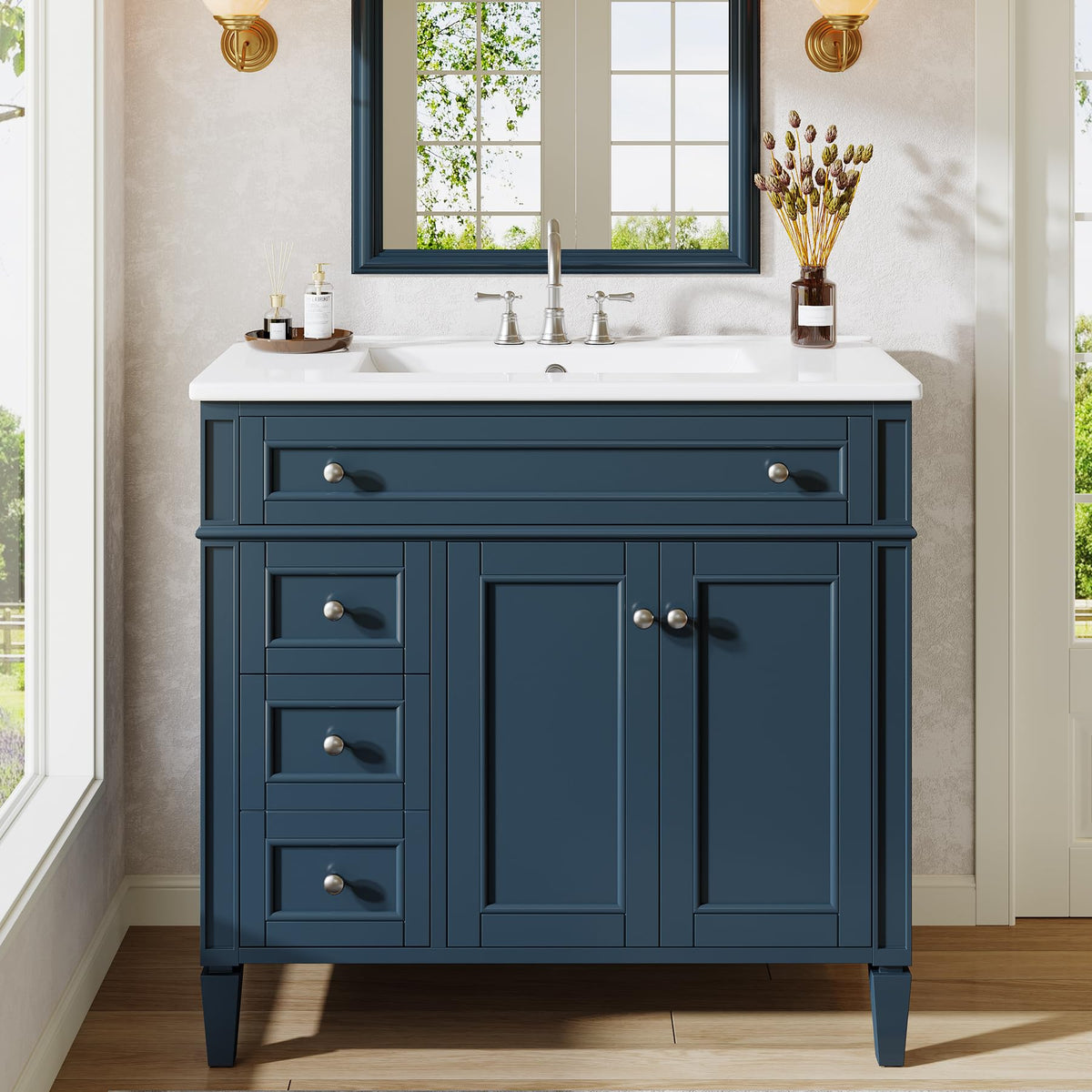 Tribesigns 36 Inch Bathroom Vanity with Sink, Modern Bathroom Cabinet with 3 Drawers & 2 Doors, Freestanding Single Sink Bath Storage with Solid Wood Frame, Adjustable Shelf, Paint Surface Misty Blue