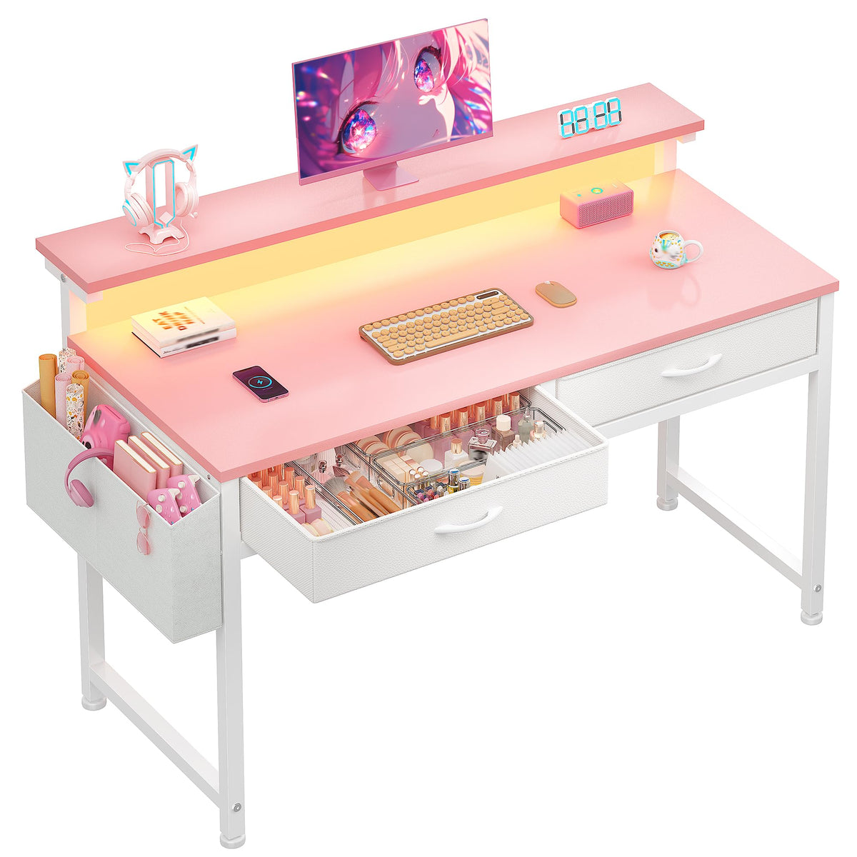 DurayLoly 39.4” Office Computer Desk with LED Lights&2 Fabric Drawers,Pink