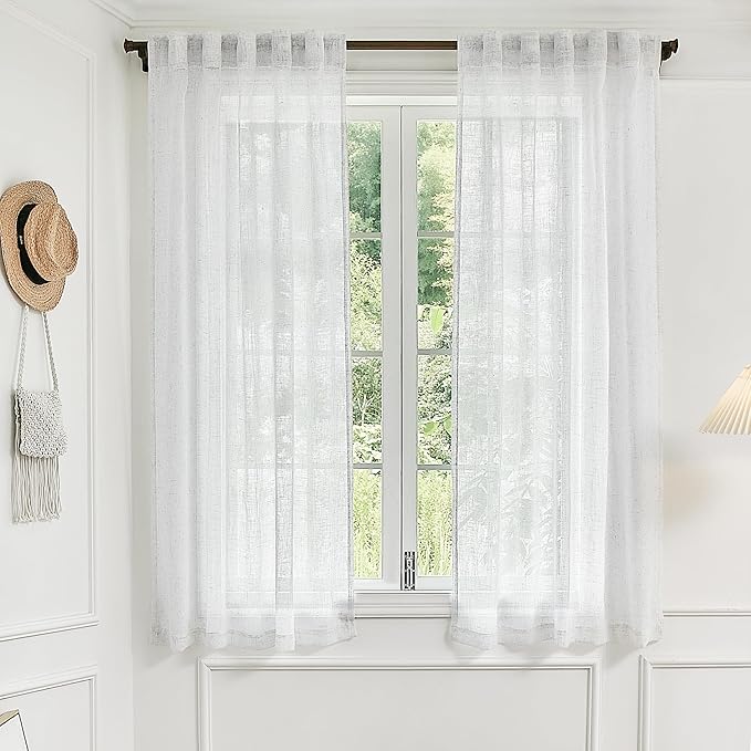 Greyish White Linen Sheer Curtains 63 Inch Length for Bedroom 2 Panels Rod Pocket Back Tab Linen Semi Privacy Light Filtering Textured Drapes for Kitchen Living Room Cabin Cottage 42 x 63 Inch Length