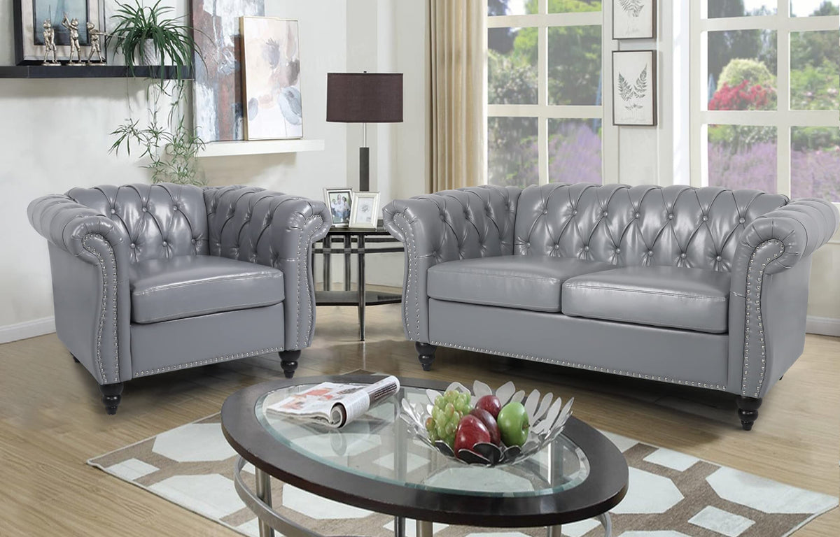 RARZOE 2 Pieces of Living Room Furniture Sofa Sets,Modern Contemporary Tufted Button Faux Leather Accent Club Chair&Chesterfield Loveseat Sofas Set with Nailhead Trim Scroll Arms for Home,Grey