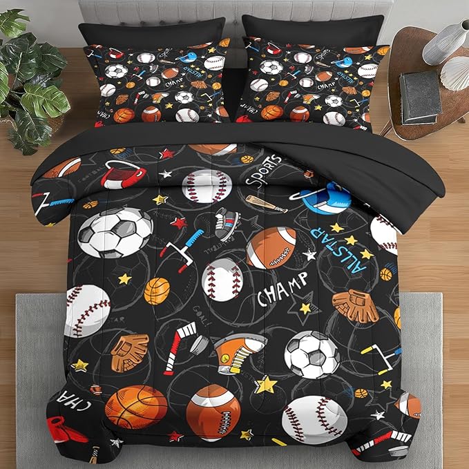 Comforter Set Full Size, Basketball Football Baseball 7 Pcs Bedding for Kids and Adults, Hockey Sport Bed Sheet Sets with Fitted Sheet 2 Pillowcases & 2 Shams for Bedroom Bed Decor