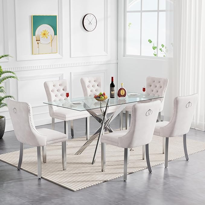 60" Glass Dining Table Set for 6, Modern Dining Room Table Set for 6, Silver X-Shape Pedestal Glass Table with 6pcs Beige Dining Chairs, 7 Piece Dining Set for Dining Living Room