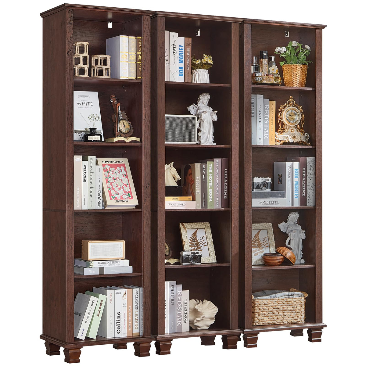 SAVOR LIFE Narrow Walnut Book Shelf, 70" Tall Skinny Bookshelf with Adjustable Shelves & Wooden Legs, Farmhouse Wood Bookcase w/5-Tier Open Storage, Free Standing Book Case for Office,Living Room,3PCS