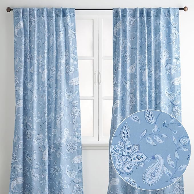 Maison d' Hermine Curtains for Living Room 100% Cotton 124 inch Length Two Panels Light Filtering Curtains for Bedroom Windows with Rod and Loop Pockets Drapes (Ramage Steel Blue, 50" W x 124" L)