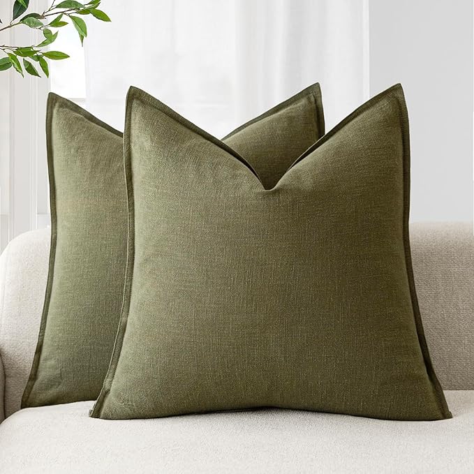 Foindtower Pack of 2, Decorative Linen Soild Throw Pillow Covers Soft Accent Cushion Case Boho Farmhouse Pillowcase for Chair Couch Sofa Bedroom Living Room Home Decor 16 x 16 Inch Olive Green