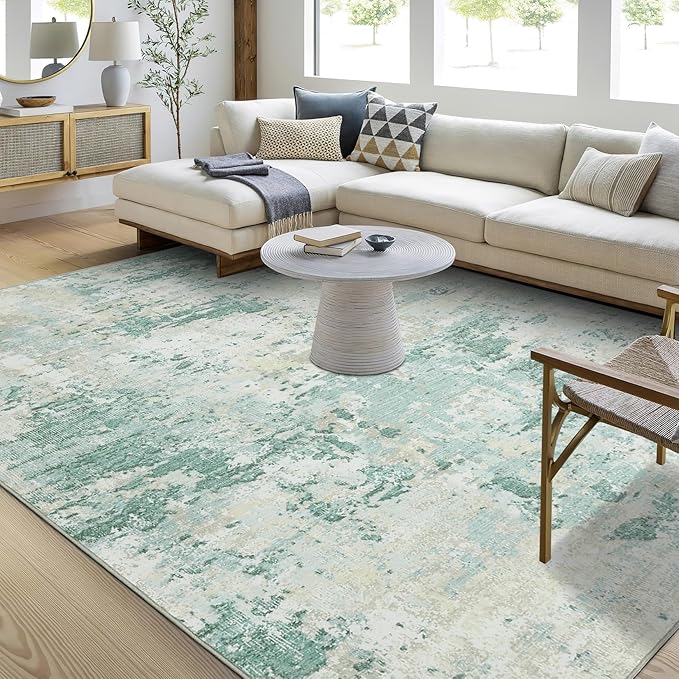 Modern Abstract Area Rug 8x10 Non Slip Non Shedding Rug Low Pile Stain Resistant for Bedroom Living Room,Green
